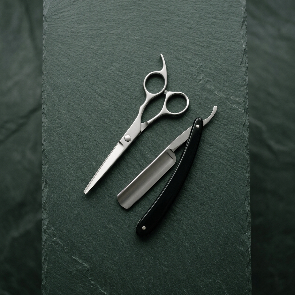 Premium barbering equipment — scissors and razor